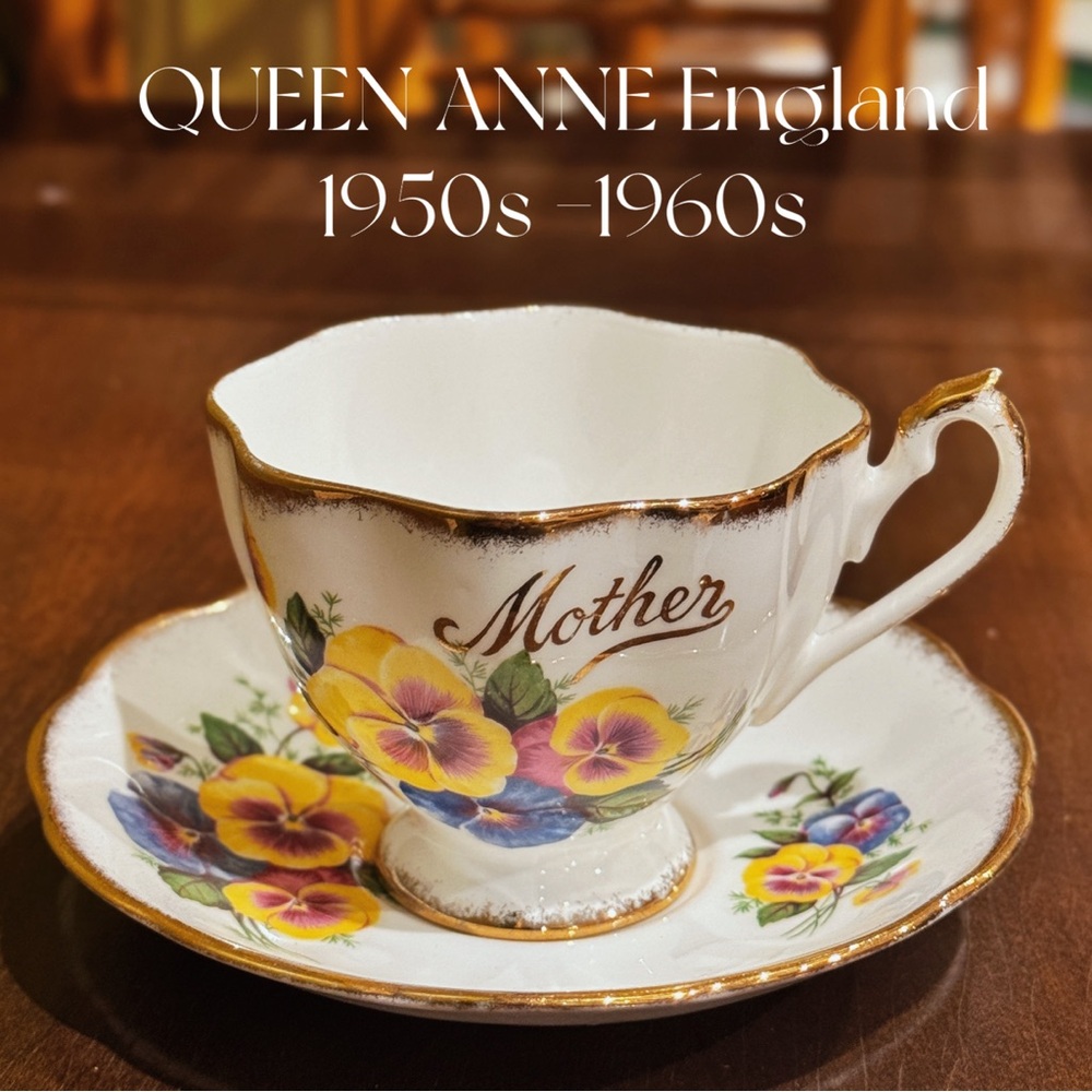 Queen Anne Vintage Mother Theme Pansy Teacup and Saucer